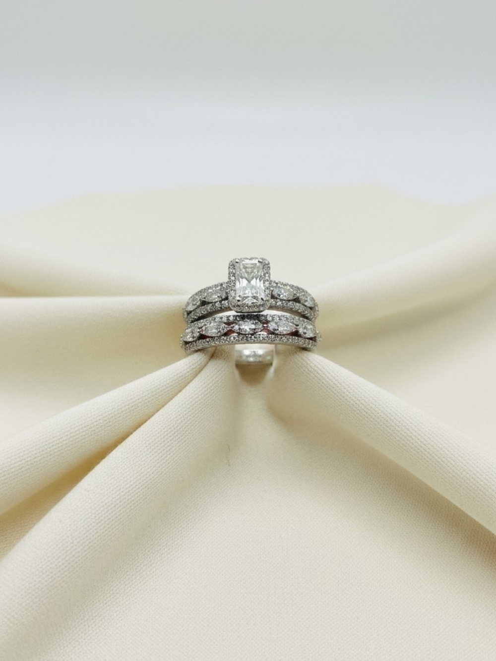 New 925 SS Emerald-Cut Moissanite Diamond Halo Ring Set